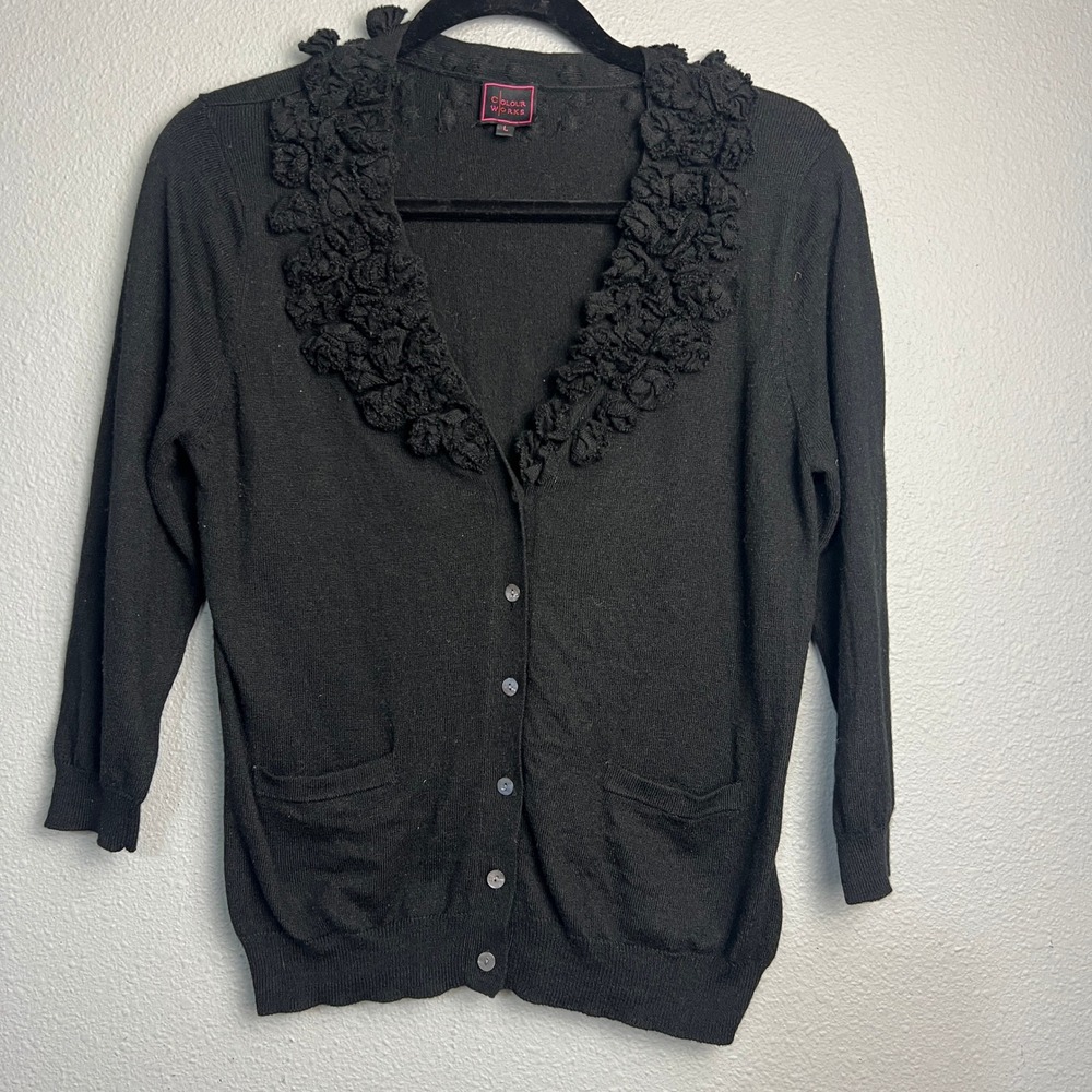 Colour Works Black Ruffle Collar Whimsigoth Fairy Cardigan Sweater Knit Top Sz L